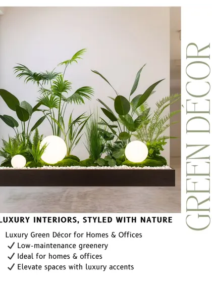 We style luxury interiors with nature, like this floating planter box. The design incorporates illuminated spheres among the greenery, blending light and foliage for a modern, high-end decor accent.