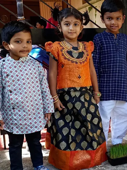 Children dressed in beautiful traditional attire for our Pongal and Sankranti celebration.