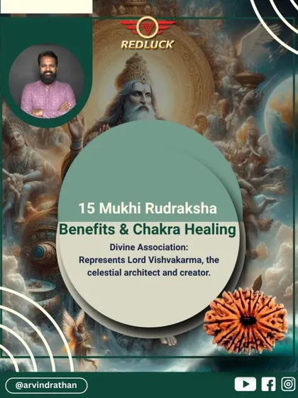The 15-Mukhi Rudraksha is associated with Lord Vishvakarma, the celestial architect. This image introduces its benefits for creativity, intuition, and building success from the inside out.