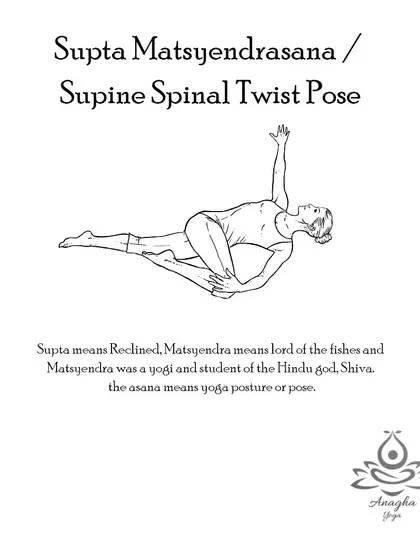 Supta Matsyendrasana (Supine Spinal Twist) is a relaxing twist that helps to elongate the spine, massage internal organs, and enhance flexibility.