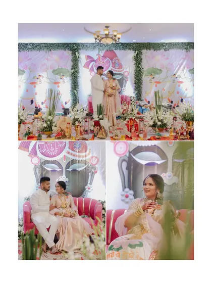 A collage from Roshni's baby shower, showing the happy couple surrounded by our vibrant decor and rukhwat setup. A perfect celebration of their journey to parenthood.