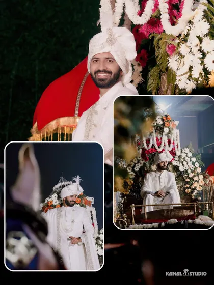 A collage of the groom's Baraat, capturing his happy expression as he arrives for his wedding.