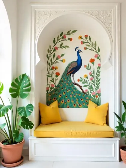 An AI concept illustrating a majestic peacock mural within an arched alcove. This shows how traditional motifs can be integrated into modern design to create a cozy and visually stunning seating nook.