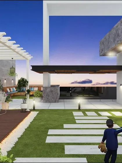 A wide view of the terrace concept, showing the different zones for lounging and playing, making it a space for the whole family.