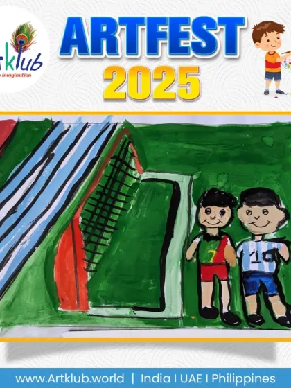Two football players stand together in this artwork by a senior student. The drawing highlights sportsmanship and the camaraderie between teammates.