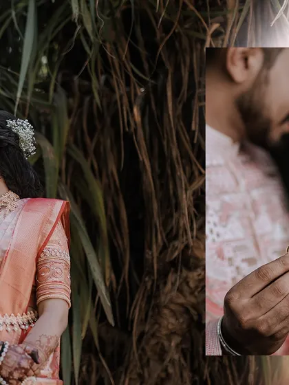 A collage blending a close-up of the engagement rings with a romantic, blurry portrait of the couple, telling a story of their commitment.