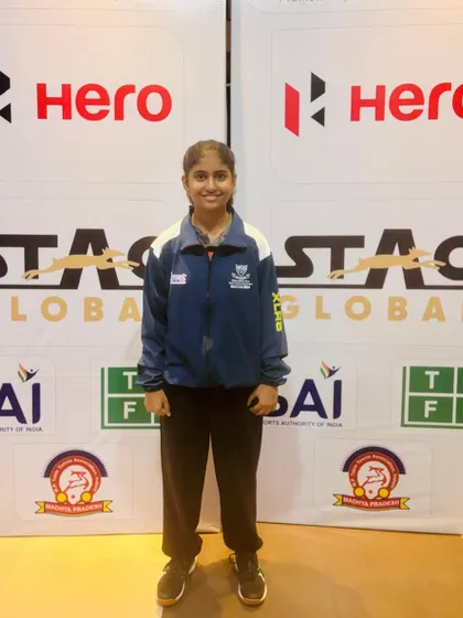 A portrait of Swara Jangade at the Cadet & Sub-Junior National Championship. Her selection for the state team is a result of dedicated training and consistent performance.