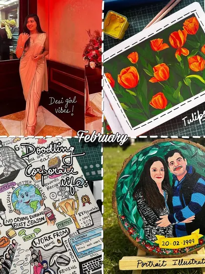 A photo dump from February, with a portrait illustration, a doodle about corporate life, and some tulip paintings.