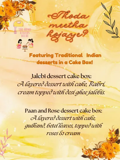 Our Raksha Bandhan menu for Indian fusion dessert cake boxes. This section features our Jalebi dessert cake box and our Paan and Rose dessert cake box.