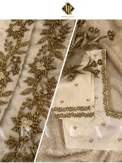 An ecru blouse with a heavy, 3D floral embroidered border. This kind of intricate work is perfect for a special occasion saree or lehenga.