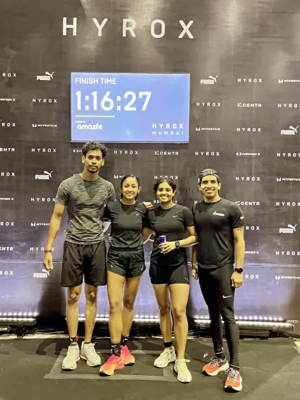 The moment after crossing the finish line with my Hyrox mixed relay team. The clock shows our hard work paid off. We train to compete, and we compete to win.