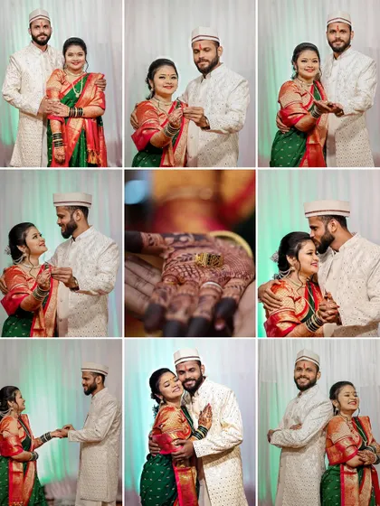 A nine-photo collage telling the story of a traditional engagement, including ring exchange and couple portraits.