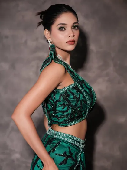 A side view of the model, showing the full outfit.