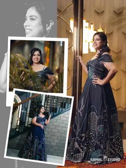 A creative collage of the bride's portraits, blending different angles and lighting to create a glamorous feel.