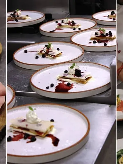 A collage showing the process of pre-plating courses for a sit-down dinner. This modern approach allows guests to taste a wider variety of dishes, reduces food waste, and ensures an elegant, restaurant-style service.