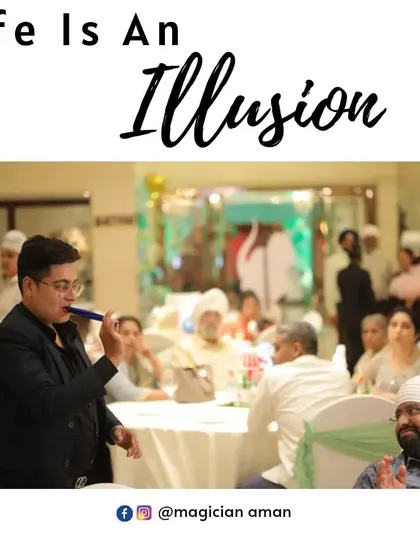 Here I am performing a flute illusion for a seated audience at a wedding event. My goal is to captivate everyone, whether they are standing in a group or seated at their dinner table, making sure no one misses out on the fun.