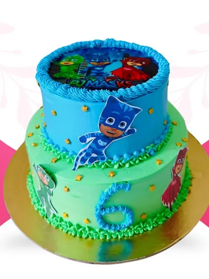 Here is a popular choice for kids' birthdays, a two-tier PJ Masks cake. This 3-pound butterscotch cake features edible images of the characters and is decorated with bright, fun colors to match the theme of your party.