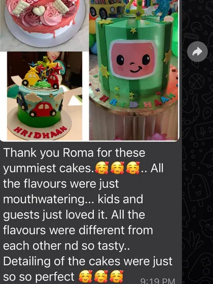 A happy client's feedback on a Cocomelon cake and other themed treats. They loved the perfect detailing and mouthwatering flavors, which made the kids and guests incredibly happy.