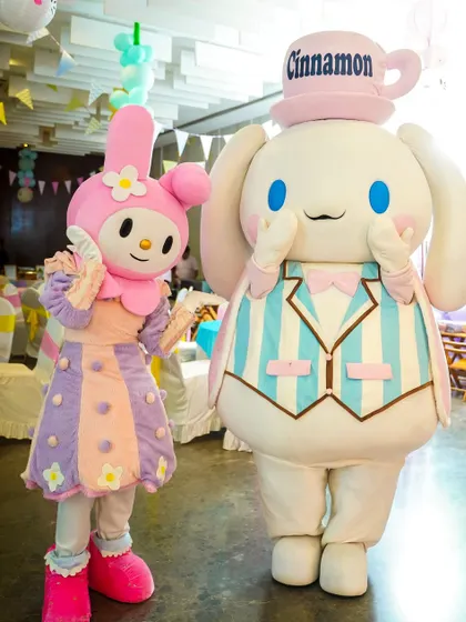 Our adorable My Melody and Cinnamoroll character mascots, perfect for a Hello Kitty or Sanrio-themed party, ready to greet guests.