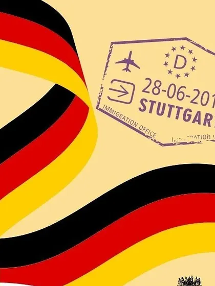 A German flag and a passport stamp graphic, symbolizing how learning German can open doors to travel and opportunities in Germany.