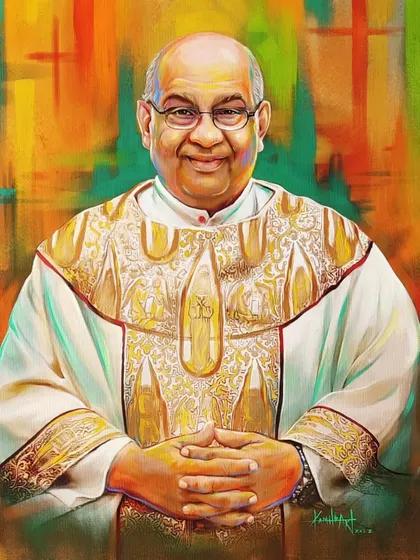 Even formal portraits can be vibrant. Here, I used a colorful abstract background to add warmth and character to this acrylic painting of a respected Monsignor.