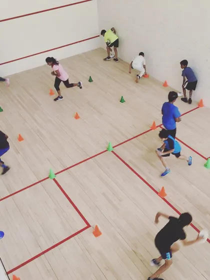 This overhead view shows the structured layout of one of our complex agility drills. We use the entire court to create challenging patterns that improve players' speed and court awareness.