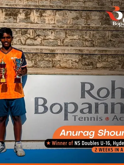 Another shot celebrating Anurag Shourya's incredible achievement of winning the NS doubles U-16 title for two consecutive weeks. We can't wait to see what the future holds for you!