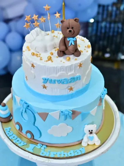 A lovely photo shared by my client of the two-tier teddy bear cake at the party. It's wonderful to see my creations as part of your happy celebrations.
