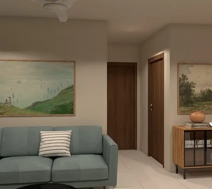 A 3D render of a living room concept, featuring a soft blue sofa, vintage-style art, and a mix of wood and metal furniture. Renders like this are crucial for finalizing the look and feel.