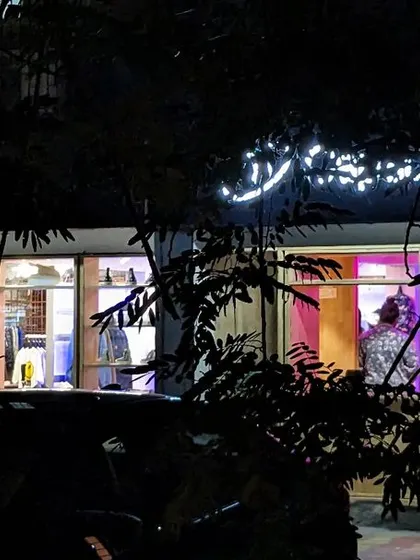 A view of the store from across the street at night, peeking through the trees, creating a sense of intrigue.