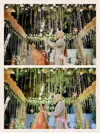 A diptych of the varmala ceremony under a beautifully lit mandap. The fairy lights and floral decor create a magical setting for this important ritual.