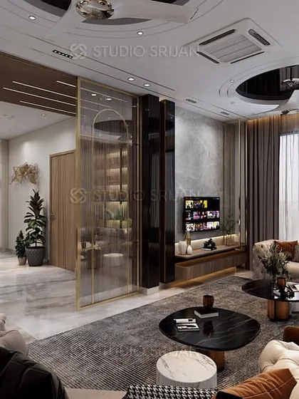 A comprehensive view of the Bali Nagar drawing room, showing its connection to the dining area through the elegant glass partitions.