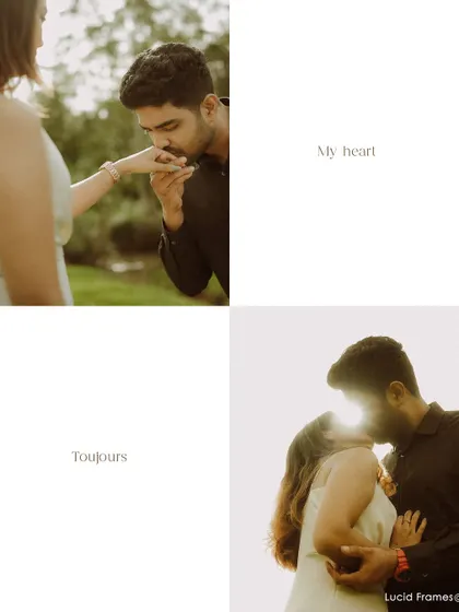 A collage telling a story of tenderness: a gentle kiss on the hand and a sun-flared embrace, capturing the essence of 'toujours' or 'always'.