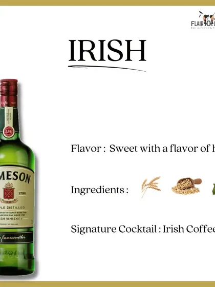 A quick guide to Irish Whiskey. We cover its typical sweet, honeyed flavor profile, key ingredients, and its signature cocktail, the Irish Coffee.