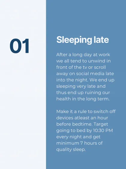 Five mistakes ruining your health: sleeping late, complicating your diet, barely moving, working too much, and not being content.