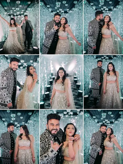 A grid of photos showcasing the couple's fun and glamorous photoshoot in the silver tunnel.
