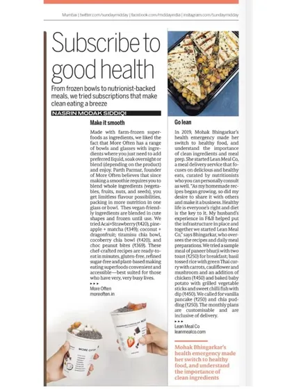 We were thrilled to be featured in Sunday Midday for our work in making healthy eating convenient and delicious. This feature highlights our story and our commitment to providing fresh, nutritionist-backed meals.