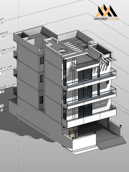 An isometric 3D model from our design phase. This technical drawing allows us to plan every floor, from the ground level to the terrace, ensuring all structural and spatial elements work together seamlessly.
