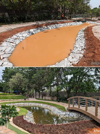 This before-and-after sequence illustrates the creation of a bio-swale and pedestrian bridge. What was once a muddy construction channel is now a clean, functional water feature that aids in rainwater management, crossed by an elegant wooden bridge.