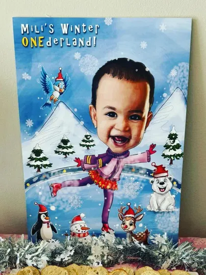 Make your parties unforgettable with custom art. This welcome board caricature was designed for a baby's first birthday, creating a magical 'Winter ONEderland' theme.