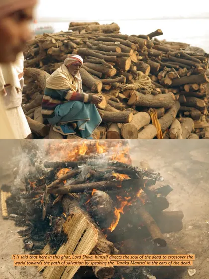 This series of images with text overlays explains the beliefs surrounding Manikarnika Ghat. They detail the path to liberation (moksha), the eternal flames, and Lord Shiva's role in guiding souls.