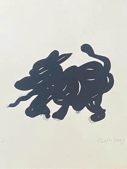 This limited edition lino print from 2003 is by Jeram Patel, a member of the influential 'Group 1890'. Known for his abstract and often primal forms, this piece captures a dynamic animal figure with stark simplicity.
