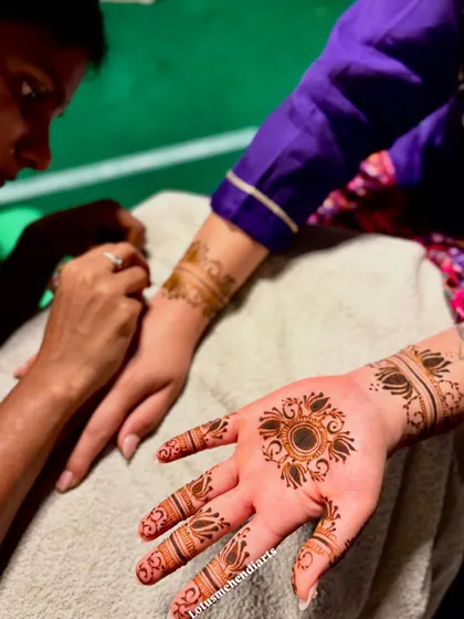 The back of the hand, featuring a simple mandala design that complements the Ganesha motif on the palm.