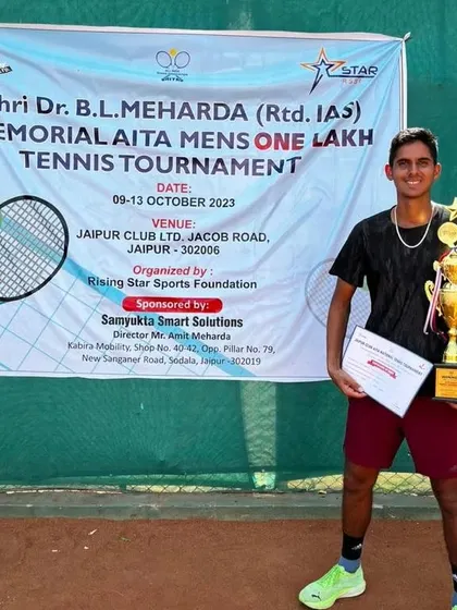 NTC player Yashvardhan with his partner after winning the 1 Lac AITA Men's Doubles title in Jaipur.