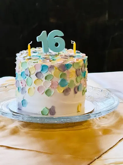 This fun confetti cake was for a sweet 16th birthday. I sent it off before I could get a good picture, so I'm glad the client was able to take one for me! The colorful design is perfect for a joyful celebration.