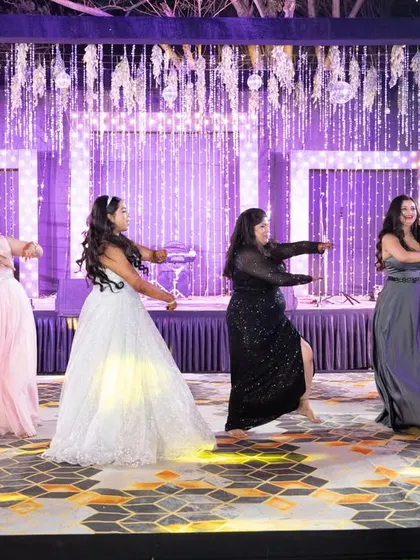The bridesmaids' coordinated dance performance is always a highlight of the Sangeet night.