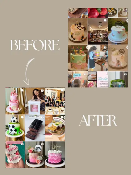 A picture is worth a thousand words! Look at the stunning transformation of this baker's feed. We work with you to create a cohesive, professional, and absolutely beautiful Instagram grid that tells your brand's story and makes a fantastic first impression.