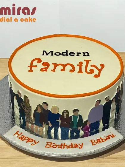 A fun cake for a fan of the TV show "Modern Family." This cake features an edible print of the cast around the sides and the show's logo on top.