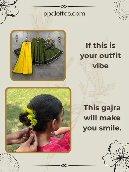 When your outfit has a pop of yellow, like this beautiful green and yellow lehenga, our yellow flower gajra adds the perfect finishing touch.