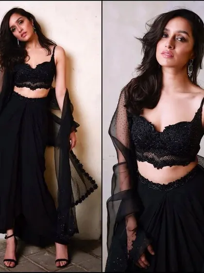 Shraddha Kapoor's all-black sharara set with a bralette top is a bold and beautiful look. I can design a similar chic and modern outfit for an evening event.